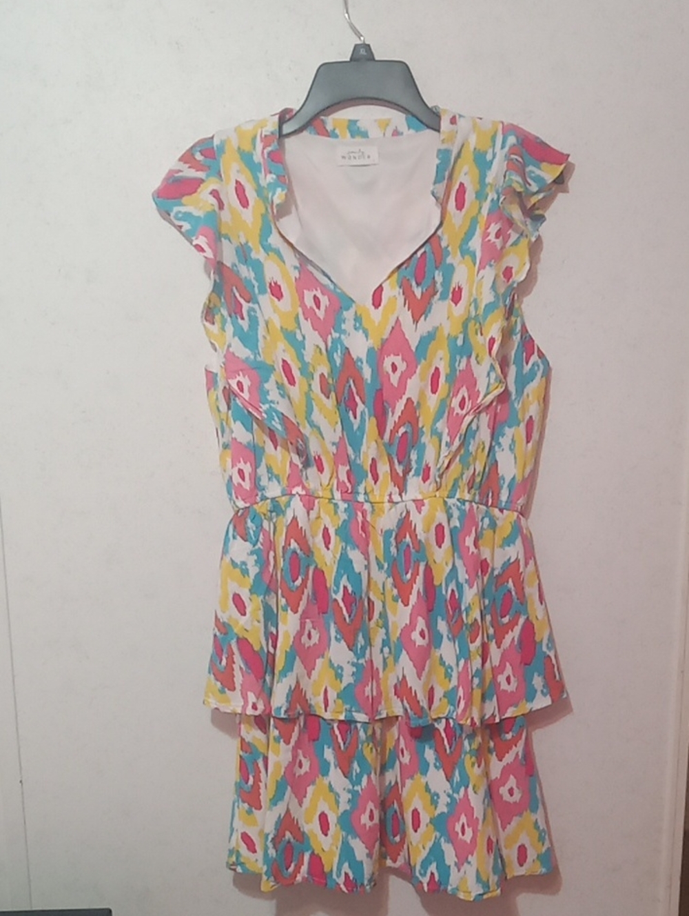 Sleeveless Ikat Tiered Peplum Tunic in Pink, Teal & Yellow
